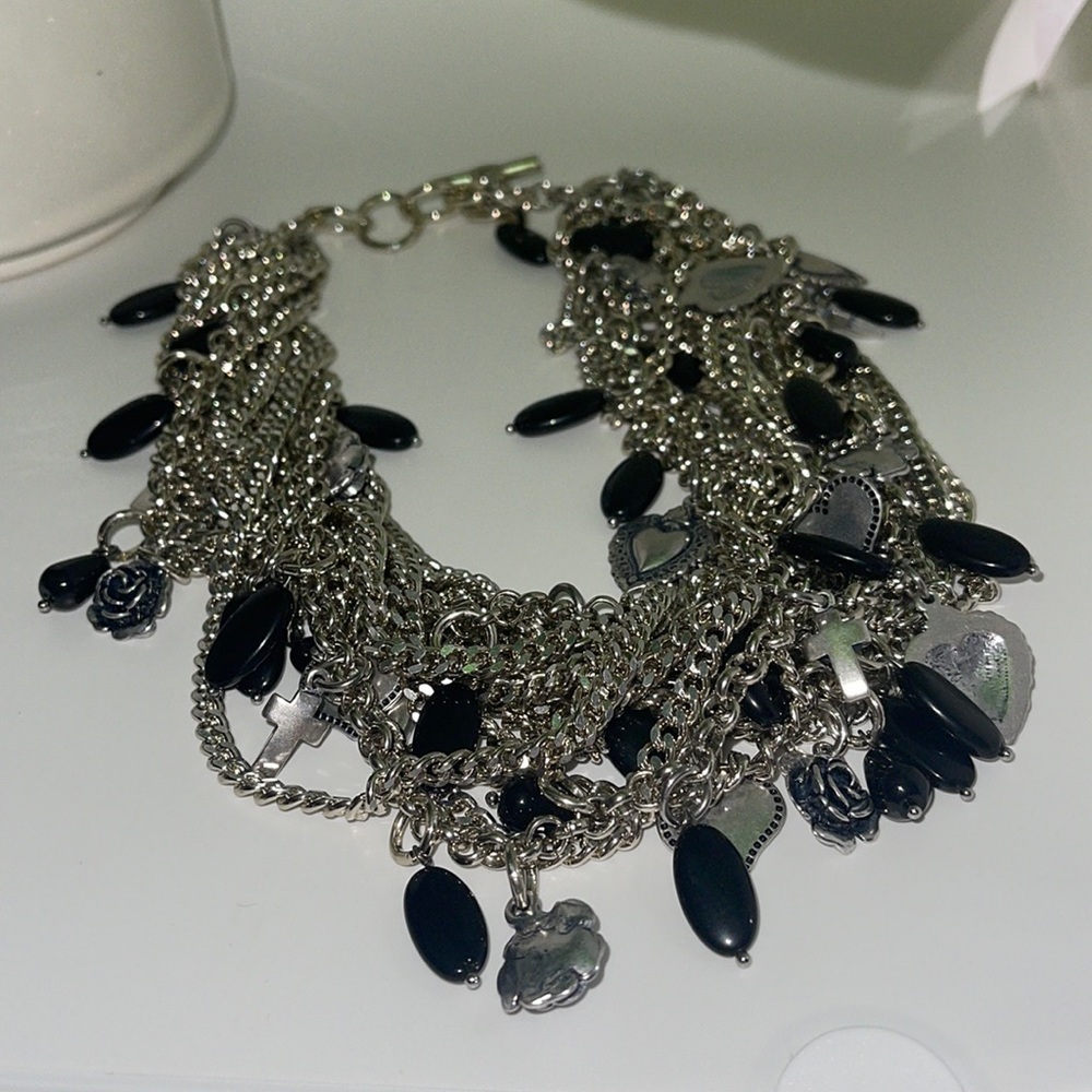 Bold BE 15 Aluminium Strands Chain Link Necklace w hearts & black droplets